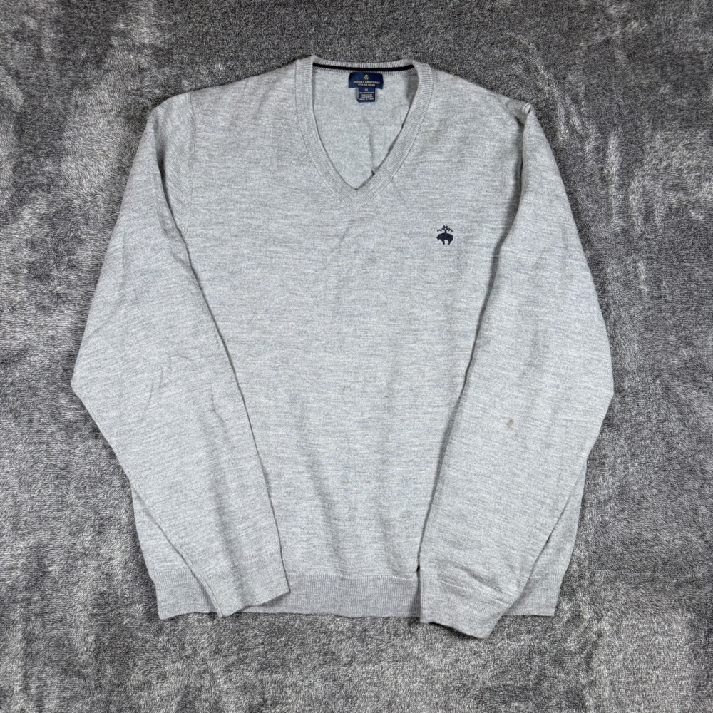 Brooks Brothers Mens XL Extra Fine Merino Wool V-Neck Sweater Gray Logo 3162